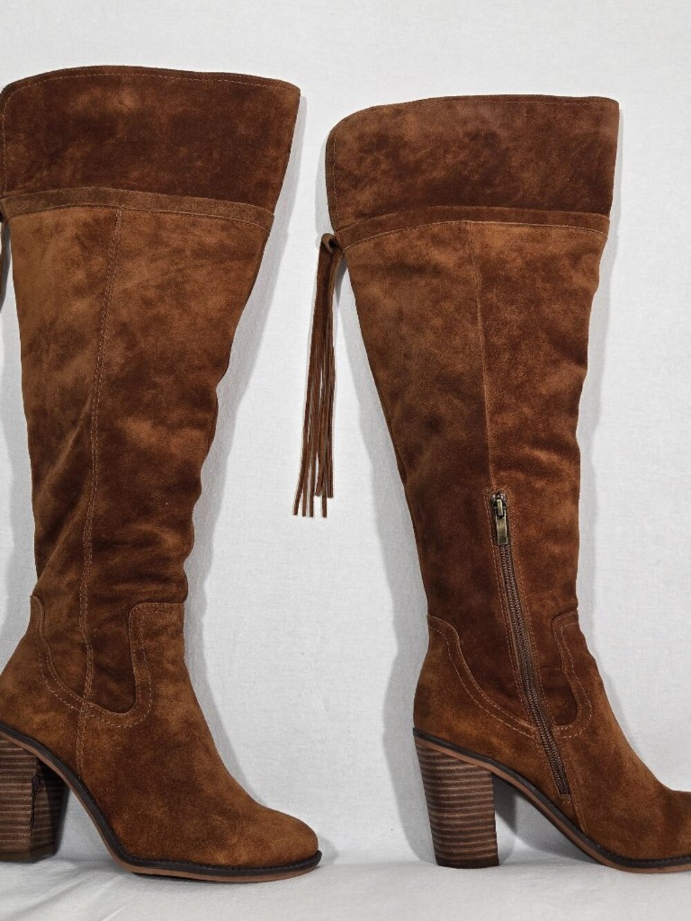 FRANCO SARTO Elnora BOHO Cognac Suede Over The Knee Fringe Boots Size 7.5M-WC. - Picture 1 of 16